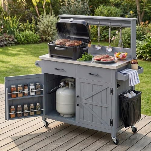 Elountik Large 54.1 Inch Outdoor Kitchen Island with Stainless Steel Top, Potting Bench, Storage Cabinet, Lockable Wheels for BBQ and Garden, Grey Blue