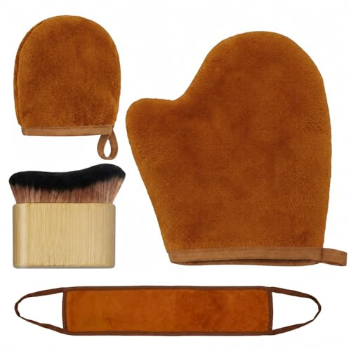 Guante Autobronceador Kit, 4 en 1 Manopla Autobronceador Faciales y Corporales Guantes Bronceado Reutilizables Doble Cara Sin Rayas Aterciopelada Suave para Aplicar Crema Protector Solar (Marrón)