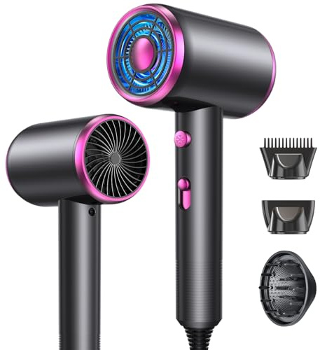 Sèche Cheveux, 2200W 60000 tr/min à Ions Négatifs, Sèche Cheveux Professionnel Ionique, 3 Vitesses Air Chaud/Froid, Chauffage Rapide, Température Constante avec Diffuseur, Buse et Diffuseur Boucle