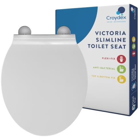 Croydex Slimline White Toilet Seat, with Flexi-Fix™ Hinges (Victoria) | Durable Thermoset Plastic | Easy to Install with Adjustable Hinges | Antibacterial Treated Surface