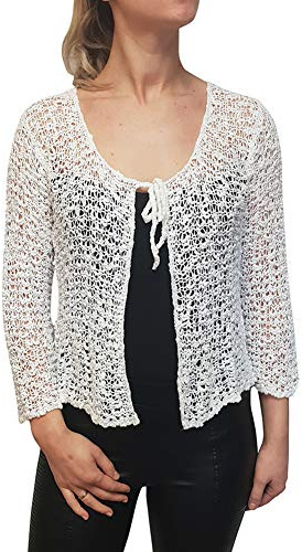 Ladies Popcorn Style Crochet Plain Stretch Fish Net Tie at Waist Bolero Shrug Open Cardigan (One Size, White Cardigan)