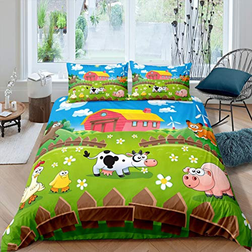 Loussiesd Kinderbettwäsche Bauernhof Bettwäsche Set Cartoon Tier Bettbezug Set Jungen Mädchen 135x200 cm Microfaser Betten Set mit Reißverschluss und 1 Kissenbezug 80x80 cm