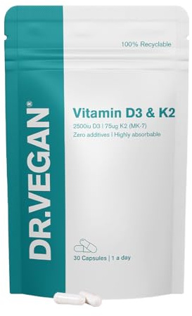 Daily Vitamin D3 K2 2500 IU, 63mcg | Support Healthy Bone and Immunity | 30 Vegan Capsules | 1-A-Day | DR.VEGAN®