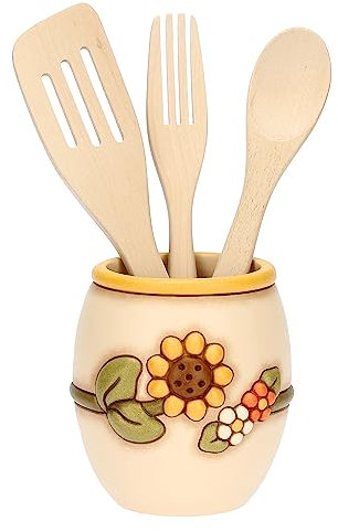 THUN - Set di Portamestolo in Ceramica Decorata a Mano e 3 Mestoli in Legno, Linea Country, Portamestoli 13x13x14.5 cm h, Mestoli 30x5 cm h