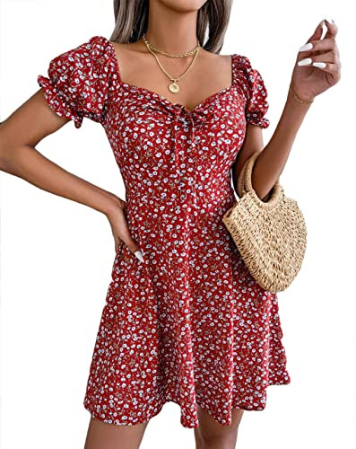 CheChury Vestito Estivo Donna Casual Abito Floreale Fiori Abito da Spiaggia Vestiti Floreale Donne Estivi Chiffon Abito Stampa Floreale Scollo V Manica Corta Abito Bohémien retrò Elegante Dress Chic