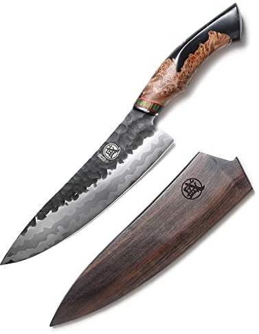 MITSUMOTO SAKARI 8 inch Hand-Forged Damascus Kitchen Knife, Professional 440C Japanese Gyuto Chef Knife, Advanced Art Forging Chef's Knives (Maplewood Handle & Gift Box)