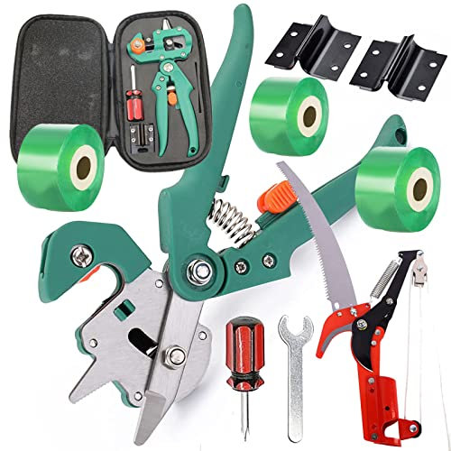 2-in-1 Professionelle Garten Obstbaum Veredelungsschere Ratschenschere, Professionelle Einhand mit V+U+Ω Ersatzmesser Schneidwerkzeug Set für Blumen Obstbäume Zweige, Grün,Style2