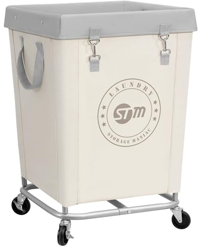 STORAGE MANIAC Commercial Laundry Hamper with Heavy Duty Steel Frame, 160 L Industrial Laundry Basket Cart with Wheels for Hotel, Home, Laundry Room, 18''L x 18''W x 31''H, Medium Beige