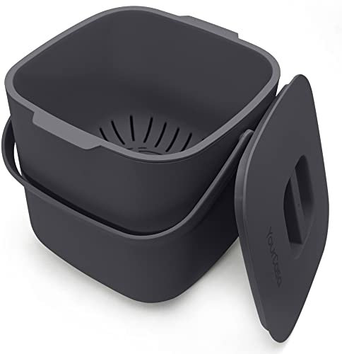 YourCasa Kitchen food waste bin caddy - countertop small compost bin kitchen counter with lid trash can - 4L - Dishwasher Safe - Odour Proof - Inner Sieve - indoor food recycling composter (Charcoal)