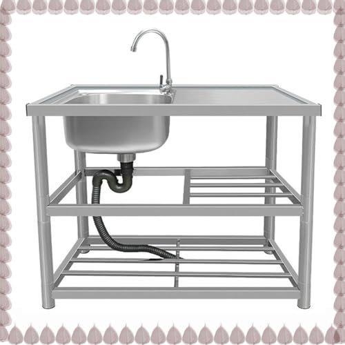 COKYIS Küchenspüle Gewerbliche Einzelspüle Für Garage, Utility Spülbecken Waschbecken 1 Becken, Edelstahl Spülbecken Ausgussbecken Mit Lagerregalen (Size : 80cm/Left)