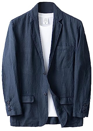 Veste de costume pour homme en coton et lin - Style rétro - Décontracté - Coupe ajustée - Léger - 2 boutons - Blazer sportif - Coupe ajustée - Avec poches - Tailles S à XXL, Marine, L