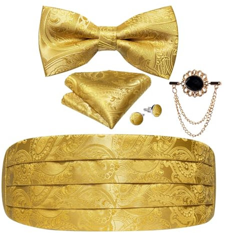WENH Gold Paisley Herren Smoking Kummerbund und Fliege Hochzeit formeller Abschlussball Kummerbunds elastischer Bund breiter Gürtel Brosche Set (Color : YF3011-XZ0009)