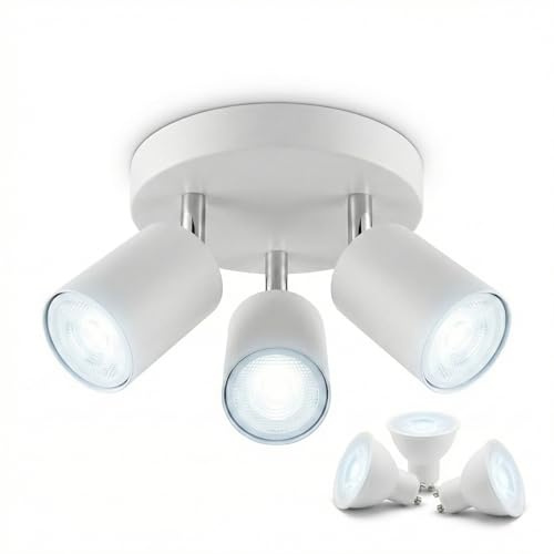 Yiahin Plafonnier Spots Orientables LED Blanc, Luminaire Plafond 3 Spots Design Moderne, 3 Ampoules GU10 5W Blanc Froid 6000K Incluses (Remplaçables), Éclairage Intérieur pour Salon, Cuisine, Chambre