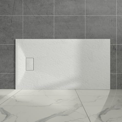 Aquariss White Rectangular Shower Tray Slate Effect SMC Slip-Resistant Shower Base for Bathroom Enclosures 1500x800mm with Waste