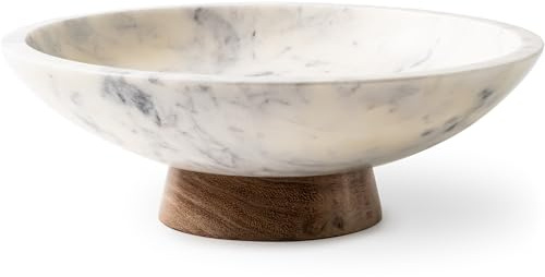 Cork & Mill Marble Decorative Bowl for Home Decor - Handcrafted Natural Stone with Acacia Wood Pedestal - Versatile 11 Catch All for Entryway, Kitchen Fruit Bowl, Potpourri, Dining Table Centerpiece