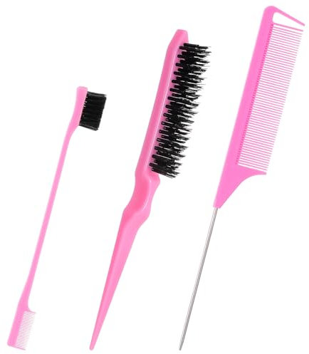 HonGien 3Pcs Professional Hair Brush Set - Plastic Bristle Teasing Brush, Double Sided Rat Tail Comb and Smoothing Edge Brush for Hairdressers, Women, Kids (Pink)