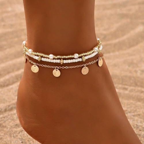 Kotkiddy Bracelet de Cheville Schneckenhäuschen pour Femmes, Set de Bracelets Ajustables en Perles Boho plaqué Or 14K, Bijoux de Pied avec Coquillage, étoile de mer et Perle cœur pour Plage