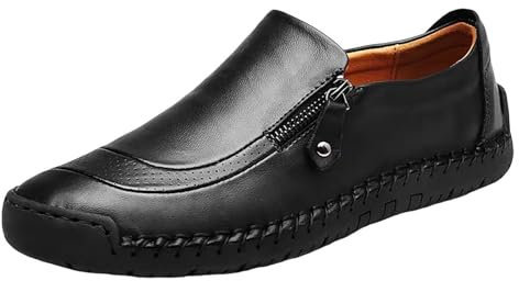 Läderskor herr med dragkedja platta affärsskor, ventilerande halvskor utan skosnören kostymskor, enfärgade, halkfria affärsskor, arbetsskor, mockasiner för män, svart, 40 EU