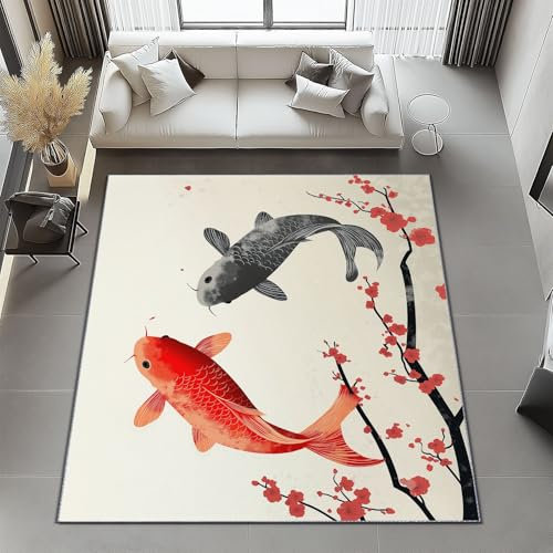 Teppich Wohnzimmer Orientalisch Tuschemalerei Karpfen Blumen Ultrafeiner Kaschmir Kurzflor Langlebig, 160 x 230 cm Waschbar rutschfest Teppich für Esszimmer Schlafzimmer Kinderzimmer, Rot Creme