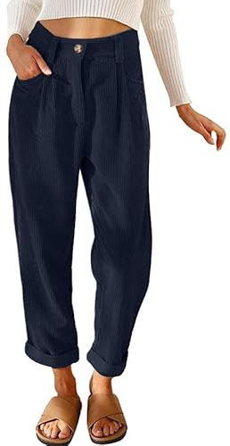 Joligiao Pantalon en Velours Côtelé pour Femme Pantalon Décontracté Taille élastique Pantalon avec Poche Zippé Bouton Fermeture Éclair Chaud Pantalon Femme Chic et Elegant Hiver(Bleu Marine,S)