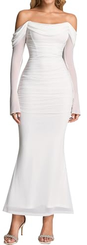 KUTUMAI Off Shoulder Long Sleeve Maxi Dress Corset Bodycon Ruched Cocktail Formal Wedding Guest Dresses for Women White S