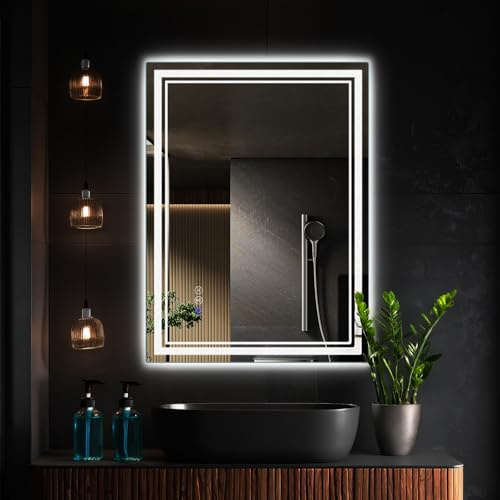 SaniteModar Espejo Baño con Luz 50x70 cm, Espejo Baño LED Antivaho con Doble Tira de Luz (Frontal y Retroiluminado), 3 Colores Regulables, Espejo de Pared Horizontal/Vertical