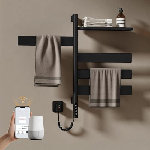 EMKE Handtuchheizkörper Elektrisch 76 x 45cm, WiFi Smart Thermostat elektrischer Badheizkörper, 180° Drehung Handtuchwärmer Elektrisch für Alexa und Google Home und APP Schwarz 120W