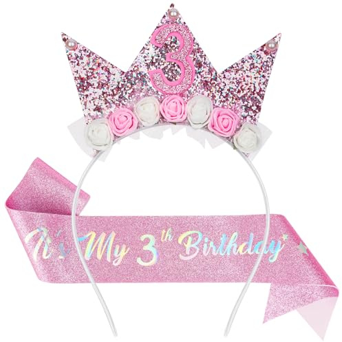 AOOTE Bandeau d'anniversaire pour Enfants de 3 Ans, Couronne Princesse Couronne d'anniversaire pour Fille, Serre-Tête Anniversaire Couronnes Princesse Rose Fille