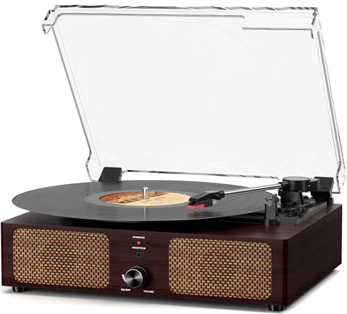 Vintage Wooden Record Player with Bluetooth 3-Speed Belt-Driven Turntable Built-in Speakers, Beginner Friendly Retro Phonograph for Home Decor, for Vinyl Enthusiasts (Walnut Finish)