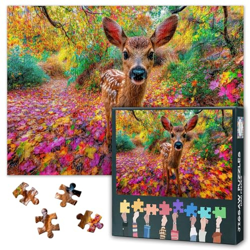 Jigsaw Puzzle 1000 pièces pour adultes, Fawn Stands Automne Foliage Adult Jigsaw Puzzles, Cerf in Forest 1000 pièces Puzzle Challenging Game for Family Night Finished Size 19,5 x 27,5 pouces