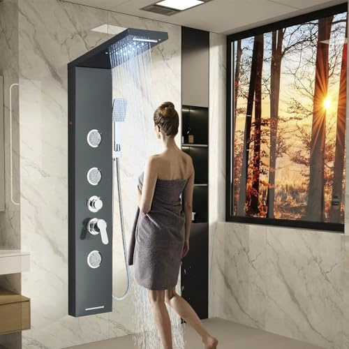 Columna de Ducha Negra Sistema de Panel de Ducha 5 en 1 con Cabezal LED Hidromasaje Ducha de Mano y Bañera Diseño Elegante Acero Inoxidable