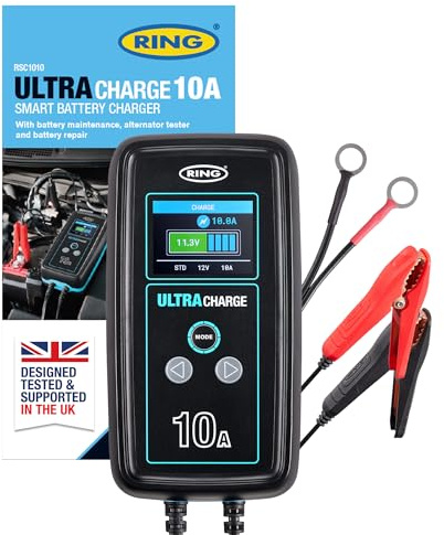 RING ULTRACHARGE 10A Smart Car Charger & Battery Maintainer With Alternator Testing And Power Supply Mode - Compatible With Lithium Ion, Lead Acid, Gel, EFB & AGM Batteries (6V & 12V Compatible)