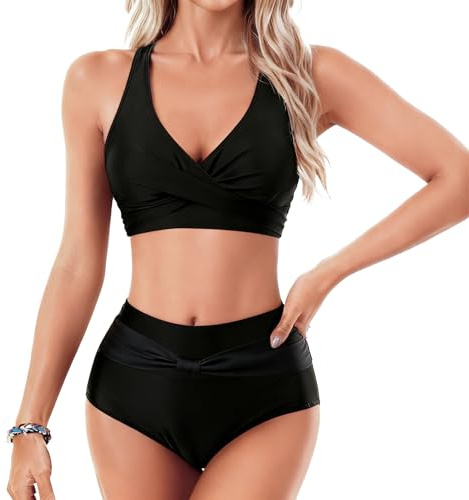 Women's 2 Piece Bikini Set High Waist Swimsuit with Adjustable Shoulder Straps Beach Holiday Swimming Costume for Pool Vacation Spa (UK, Alpha, S, Regular, Regular, Black)