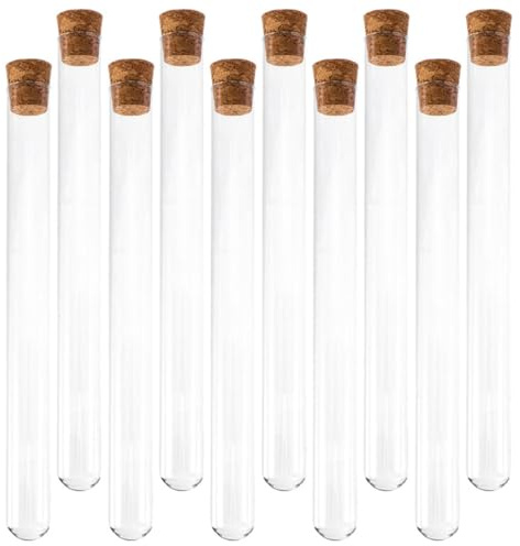 NUOBESTY Lot de 10 Tubes à Essai en Verre 20 X 200 MM avec Bouchons en Liège Tubes de Rangement pour Bonbons et Expériences Scientifiques Résistants à Haute Température Usage