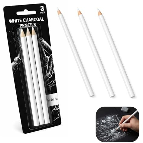 Yowfond Set di 3 matite a carbone da disegno, penna a carbone bianca per artisti, schizzi e pittura, matite da disegno atossiche, penne da disegno per bambini, studenti, principianti e professionisti