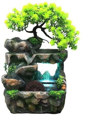 Tabletop Waterfall Fountain with Flowing Water & LED Lights – Indoor Resin Rockery Desk Fountain for Home, Office, Bedroom Relaxation & Decoration, Mini Desktop Water Featur