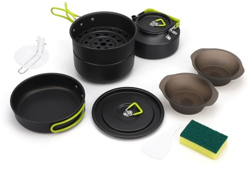 Aomiun Juego de 10 Utensilios de Cocina para Acampar, Portátiles Apilables para Exteriores, olla 2L Sartén 1L y hervidor 1,1L Senderismo Picnic y Acampada (Verde)