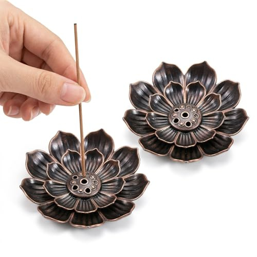 COYUN 2 Piezas Quemador de Incienso de Loto, Porta Incienso de Metal Vintage con 6 Agujeros, Soporte Incienso Varilla para Meditación y Yoga, Incensario Decorativo con Receptor de Cenizas, Bronce