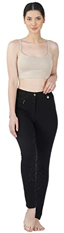 Avon Equine Damen-Reithose aus Baumwolle/Lycra, weich, dehnbar, Silikon, mit Reißverschlusstasche, Kniebesatz, 4-Wege-Stretch-Reithose, Schwarz , 50