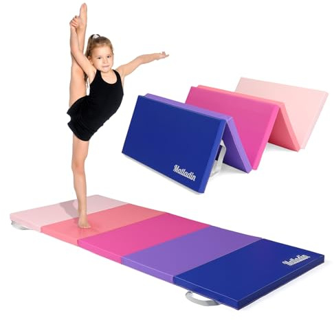 Matladin Folding Gymnastics Gym Exercise Aerobics Mat, 1.5 Thick Folding Exercise Mat, Easy to Clean PU Leather Tumbling Mats for Stretching Yoga Cheerleading Martial Arts, Kid Play(Pink ,Blue