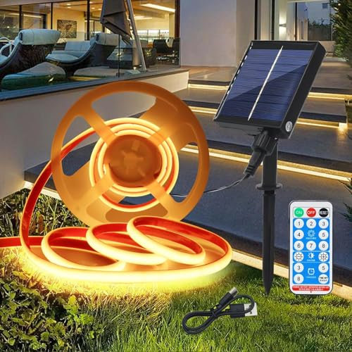 Wisada 12V Solar Dimmbare COB Neon Streifen Selbstklebend, 8 Modi Lichtband Außen IP68 Lichterkette, 1M 320LEDs/m Superheller Warmweiß COB LED Strip Cuttable LED Band für Terrasse, Innenhof
