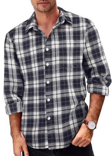 COOFANDY Kariertes Hemd Herren Langarm Freizeithemden Karierte Arbeitshemd Flanellhemd Casual Karohemd Holzfällerhemd Navyblau Weiß L