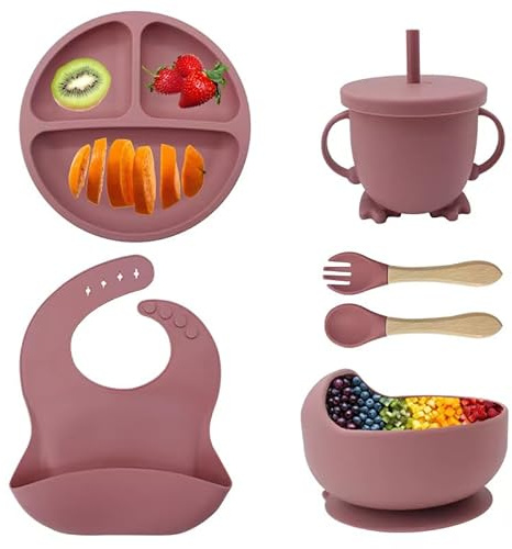 Eliano 6-delat silikonbabyset – halkfri tallrik, skål, mugg med sugrör, gaffel, sked, haklapp – diskmaskinssäker, BPA-fri, mikrovågsugnssäker – för barn från 6 månader