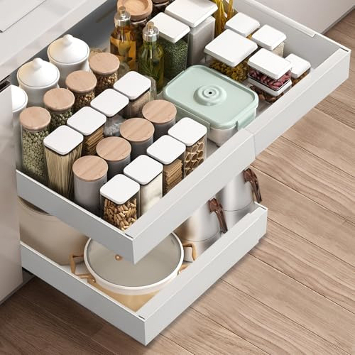 Pull out Cabinet Organiser, Slide out Drawers for Kitchen Cabinets, no Drill Adjustable Drawers, pull out Kitchen Storage,Cupboard Organiser that Requires no Drilling and Nailing (White(1 pack))