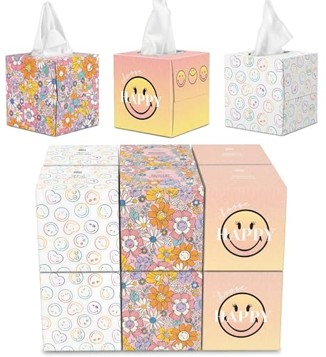 SMILEYWORLD Fazzoletti di Carta 3 Veli – 576 Fogli (12 Scatole Cubo x 48) – Fazzoletti Ultra Morbidi e Resistenti – Scatola Fazzoletti Design (JOY EDITION)