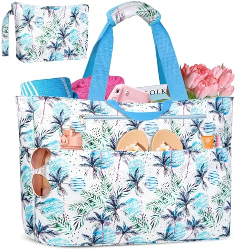 BTNEEU Borsa Mare Donna Grande XXL Famiglia 50L Impermeabile Borsa da Spiaggia con Cerniera Borse Mare Uomo Pieghevole Beach Tote Bag con 14 Taschen per Viaggio Shopping Picnic (Blu Foglie)