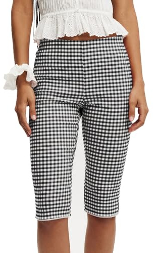 FeMereina Pantacourt vichy pour femme - Taille élastique - Taille mi-haute - Legging capri - Vintage - Motif écossais, Noir , M