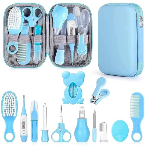 PZCC - Kit de aseo para bebé, 12 accesorios esenciales para el cuidado del bebé, con termómetro digital, peine y corte de uñas, kit de regalo, regalo de nacimiento para niña y niño (azul)