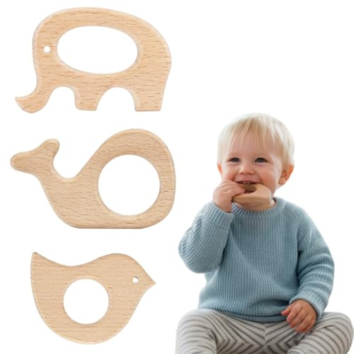 BCHKO Set de 3 anneaux de dentition pour bébés, figurines en bois pour bébés, anneaux en bois naturel, set de pendentifs faits main pour bijoux DIY et travaux manuels (bois naturel)