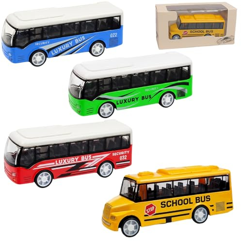 4 Pcs Bus Toy Set, Alloy Bus Toys, Pull Back Toy Cars, Children's Busses Playset for 3-8 Year Old Kids, Role Play and Imagination Development, for Children